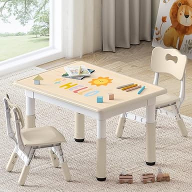 Kids Study Table and Chairs Set, Height Adjustable Toddler Table and Chair Set for Kids Ages 3-8, 31.5" L x 23.6" W Graffiti Desktop Plastic Children Art Table with 2 Seats, Burlywood - Image 1