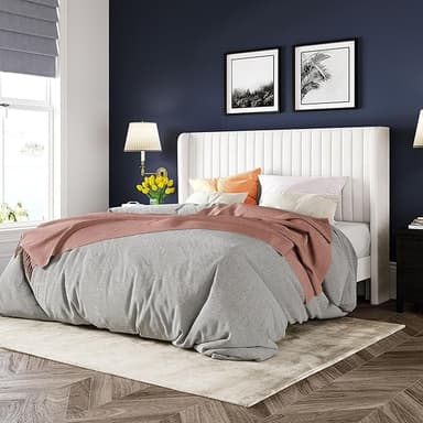 Allewie Full Size Velvet Bed Frame/Vertical Channel Tufted Wingback Headboard/Upholstered Platform Bed/Strong Wooden Slats/No Box Spring Needed/Easy Assembly/White - Image 1