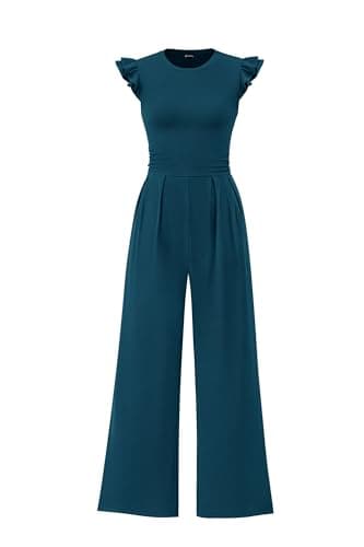 PRETTYGARDEN Summer Jumpsuits for Women Dressy 2025 Fashion Ruffle Cap Sleeve Romper Crew Neck Rib Knit One Piece Outfits (Lake Blue,Small) - Image 1
