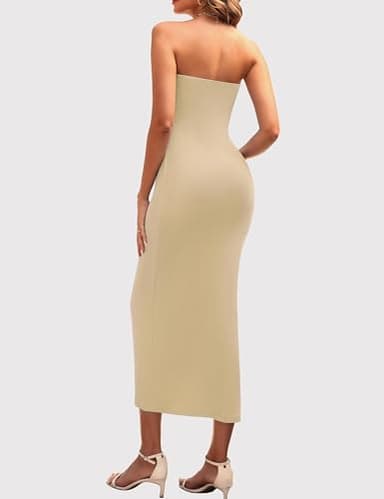 YESTTO Summer Bodycon Maxi Tube Dress for Women Strapless Fitted Casual Elegant Cocktail Party Long Dresses Beige XL - Image 5