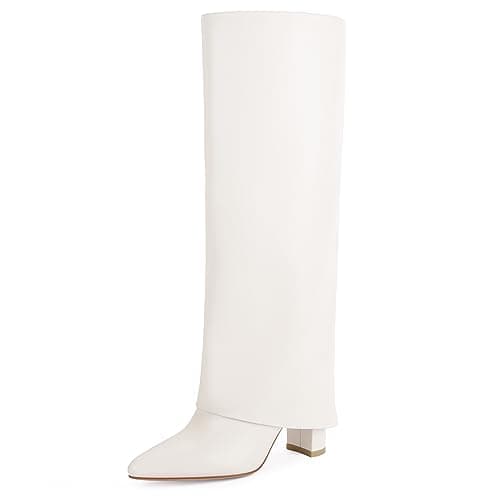 Modatope White Fold Over Boots White for Women Knee High Boots Women Pointed Chunky Heeled Tall Boots Long Boots Size 7.5 - Image 1