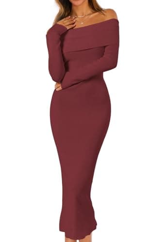 MEROKEETY Women's Fall Off Shoulder Bodycon Sweater Dress 2025 Formal Long Sleeve Elegant Club Party Midi Maxi Dresses, Burgundy, X-Large - Image 1