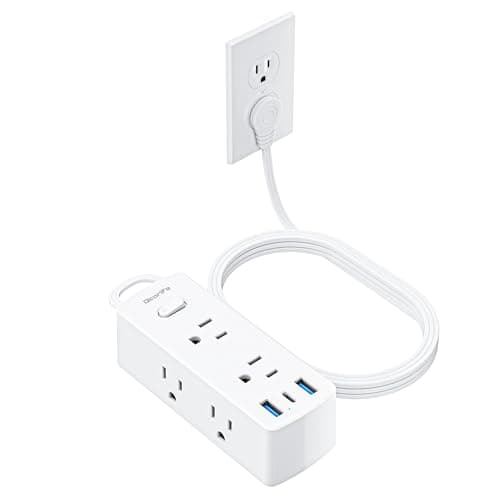 Power Strip Surge Protector, Olcorife Ultra Thin Flat Plug Extension Cord 5ft, 6 Outlets 3 USB Ports(1 USB C), 3 Sided Outlet Extender for Home Office Travel Dorm Room Essentials, White - Image 1