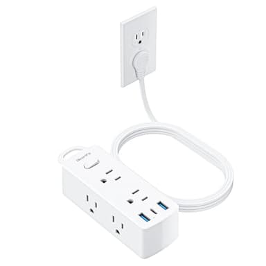 Power Strip Surge Protector, Olcorife Ultra Thin Flat Plug Extension Cord 5ft, 6 Outlets 3 USB Ports(1 USB C), 3 Sided Outlet Extender for Home Office Travel Dorm Room Essentials, White - Image 1