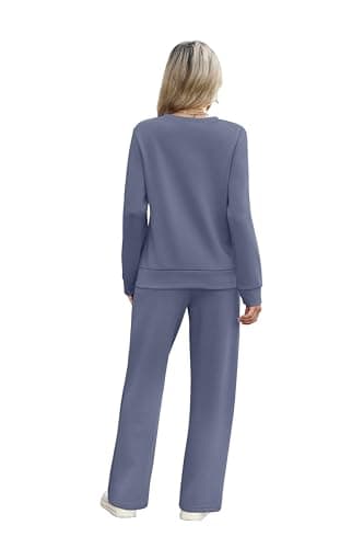 WIHOLL Women's 2 Piece Outfits Casual Fall Long Sleeve Travel Airport Lounge Set Fashion Loungewear Wide Leg Tracksuit Winter Jumpsuit for Women Blue L - Image 5