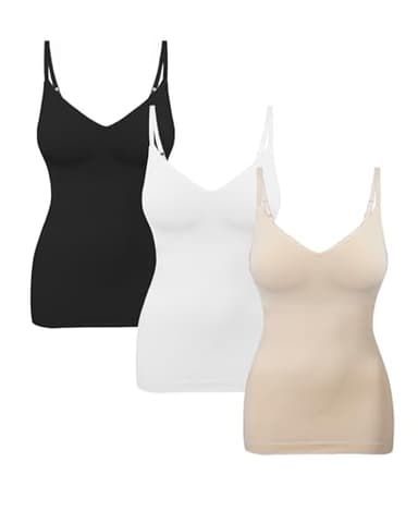 EUYZOU Womens 3PK Tummy Control Shapewear Tank Tops Seamless V-Neck Compression Tank Tops Body Shaper Camisole, Black/White/Nude M - Image 1