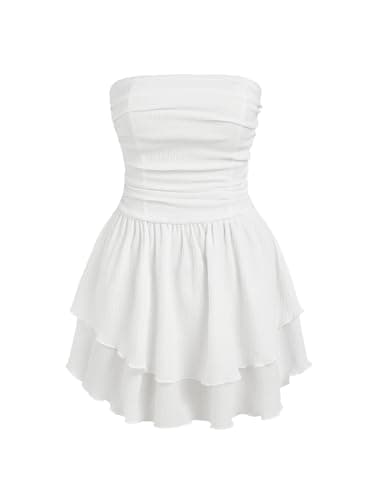 CIDER Women's Summer Cocktail Dress - Tube Ruched Ruffle Mini Dress: White, S - Image 1