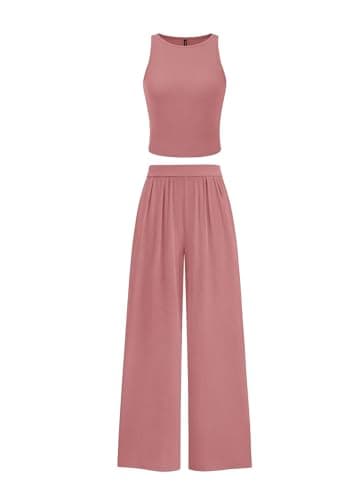 PRETTYGARDEN Spring Two Piece Sets For Women 2025 Ribbed Knit Crew Neck Sleeveless Tank Tops Wide Leg Pants Casual Lounge Set (Dusty Pink,Large) - Image 1