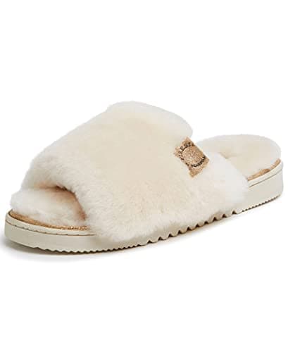Dearfoams womens Fireside By Dearfoams Cairns Shearling Slide With Metallic Trim Slipper, Natural, 10 US - Image 1