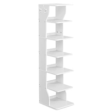 VASAGLE 7-Tier Vertical Shoe Rack, Narrow Shoe Storage Organizer with Hooks, Slim Corner Shoe Tower Rack, Space Saving for Entryway and Bedroom, White ULBS200T14 - Image 1