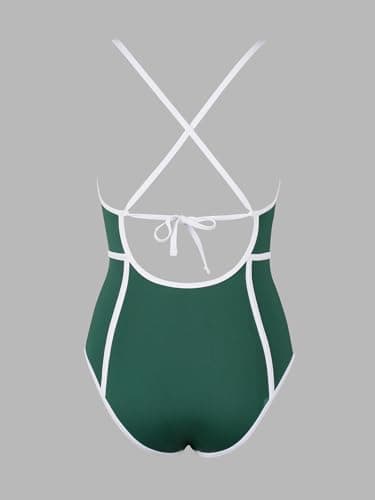 CUPSHE Women's One Piece Swimsuit Plunging V Neck Bathing Suit Crisscross Back Tie Slimming Sculpting Color Block, XS - Image 6