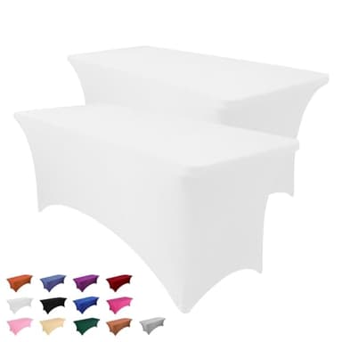 Heochy 2 Pack 6FT Table Cloth for Rectangle Tables - White Tablecloth Rectangular Fitted Stretch Spandex Table Covers 6 ft for Birthday, Cocktail, Wedding, Banquet Spring Outdoor Party - Image 1