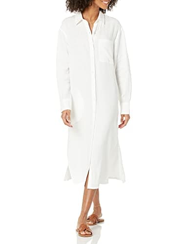 The Drop Women's Fiona Relaxed Linen Midi Shirt Dress, White, M - Image 1
