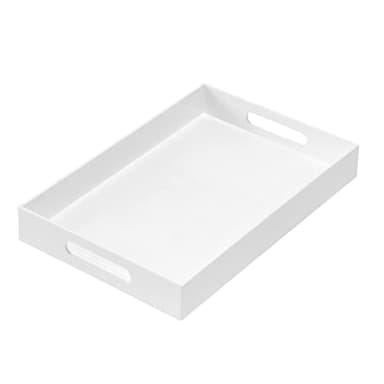 MUKEEN Glossy White Sturdy Acrylic Serving Tray with Handles 10x15x2H Inches -Spill Proof- Decorative Trays Countertop Organizer for Ottoman Coffee Table Nightstand, sidetable, Breakfast, Tea, Food - Image 1