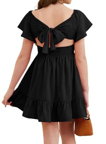 DOKOTOO KIDS Girls Boho Dress Elegant Off Shoulder Ruffle Hem Back Tie Dresses Black 6-7 Years Old - Image 1