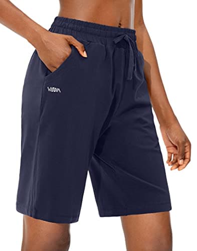 Viodia Women's Bermuda 10" Long Shorts with Pockets Cotton Sweat Lounge Shorts for Women Jersey Athletic Knee Length Shorts for Summer Navy - Image 1
