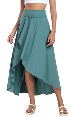IUGA High Waist Wrap Skirt Flowy Skirts for Women Trendy Summer Maxi Skirt with Slit Ruffle High Low Skirt with Shorts Sea Green, Medium - Image 1