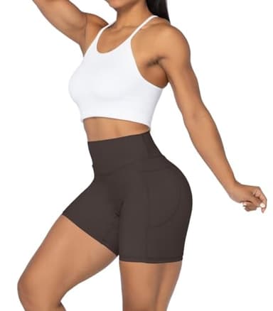 Sunzel No Front Seam Biker Shorts for Women with Pockets, Yoga Workout Gym Bike Shorts with Tummy Control 5" Inseam Seal Brown X-Small - Image 5