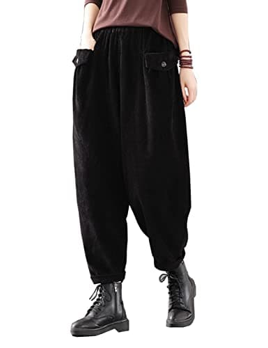 IXIMO Women's Cropped Corduroy Pants Casual Comfy Elastic Waist Cotton Trouser Front Pockets Black S - Image 1