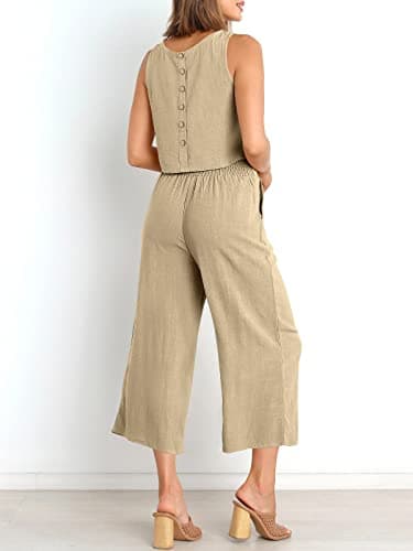 ANRABESS Women's Summer 2 Piece Outfits Sleeveless Crop Top Capri Wide Leg Pants Jumpsuit Casual Linen Lounge Matching Sets Beach Travel 2025 Trendy Clothes Apricot X-Large - Image 2