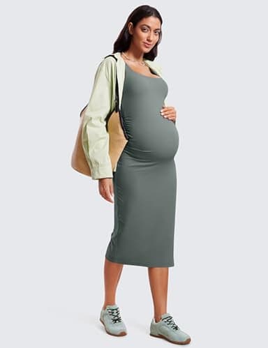 CRZ YOGA Women Butterluxe Sleeveless Tank Maternity Dress Split Ruched Pregnancy Square Neck Bodycon Casual Baby Shower Grey Sage Large - Image 4