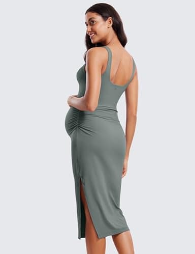 CRZ YOGA Women Butterluxe Sleeveless Tank Maternity Dress Split Ruched Pregnancy Square Neck Bodycon Casual Baby Shower Grey Sage Large - Image 2