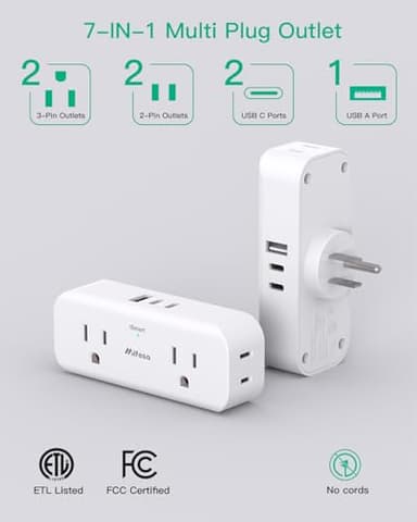 Outlet Extender, 4 Outlet Extension with 1 USB-A 2 USB-C Wall Charger, Multi Plug Outlet Splitter, Electric Wall Outet Expander for Travel, Home, Office, Dorm, Cruise Ship Essentials - Image 2