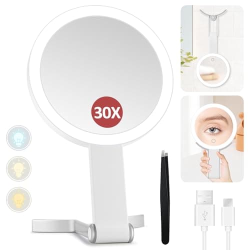 MIYADIVA Lighted Makeup Mirror, 30X Magnifying Mirror with Light and Adjustable Brightness, Hanging and Handheld Mirror with Handle, Portable Travel Makeup Mirror with Lights, Vanity Mirrors for Women - Image 1
