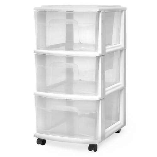 HOMZ Drawer Tower, 3-Tier Clear Plastic Storage Organizer Cart, White Frame - Heavy-Duty Organizing Drawers for Home, Bedroom, and Closet Organization - Image 1