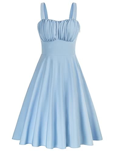 50s A-Line Swing Dress High Waisted Sleeveless Vintage Dresses for Women 1950s Light Blue Midi Dresses Small - Image 1