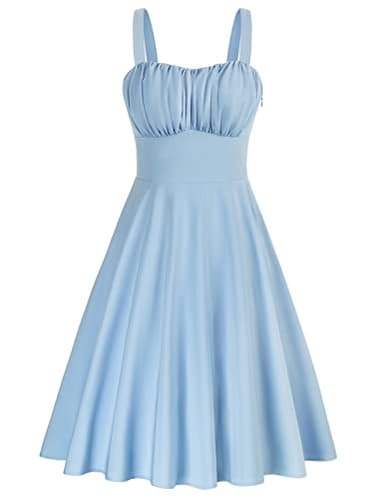 50s A-Line Swing Dress High Waisted Sleeveless Vintage Dresses for Women 1950s Light Blue Midi Dresses Small - Image 1