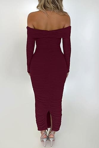 PRETTYGARDEN Women's Fall Off Shoulder Maxi Bodycon Dress Long Sleeve Ruched Fitted Club Dresses with Slit (Wine Red,Medium) - Image 2