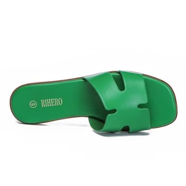Rihero Women's Dressy Slides Sandals Comfortable Slip On Square Toe Flat Green Sandals Size 8.5 - Image 3