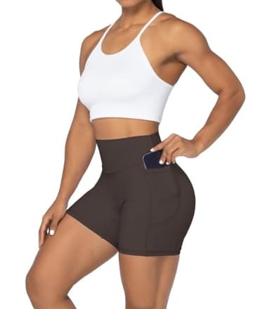Sunzel No Front Seam Biker Shorts for Women with Pockets, Yoga Workout Gym Bike Shorts with Tummy Control 5" Inseam Seal Brown X-Small - Image 4