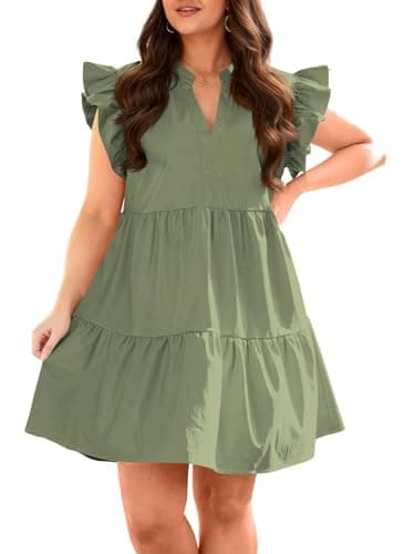 Fisoew Plus Size Dresses for Women Summer Ruffle Short Sleeve V Neck Dress Tiered Swing A Line Babydoll Mini Dress Army Green - Image 1