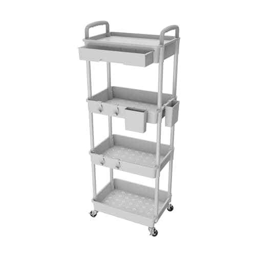 4 Tier Rolling Utility Cart with Drawer,REBECAT Utility Cart Made of Multifunctional Storage Organizer Tool for Kitchen,Bathroom,Living Room,Office(Gray) - Image 1