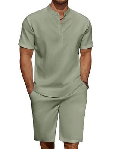 COOFANDY Men's 2 Pieces Linen Set Casual Henley Shirts Short Sleeve Beach Yoga Shorts Summer Pants Outfits - Image 1