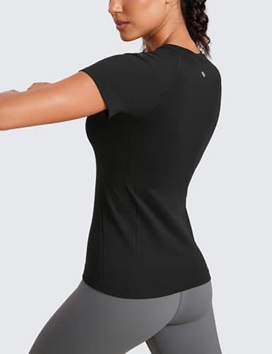 CRZ YOGA Seamless Workout Tops for Women Short Sleeve Athletic Tees Breathable Gym Running Yoga Shirts Black Medium - Image 4