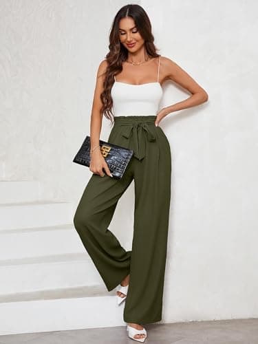 Heymoments Women's Wide Leg Lounge Pants with Pockets Dark Green Stripe Large Lightweight High Waisted Adjustable Tie Knot Loose Comfy Casual Trousers - Image 5