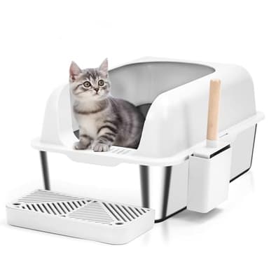 Enclosed Stainless Steel Cat Litter Box with Lid Extra Large Litter Box for Big Cats XL Metal Litter Pan Tray with High Wall Sides Enclosure, Non-Sticky, Anti-Leakage, Easy Cleaning (White) - Image 1