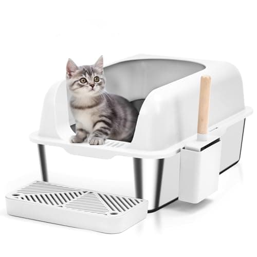 Enclosed Stainless Steel Cat Litter Box with Lid Extra Large Litter Box for Big Cats XL Metal Litter Pan Tray with High Wall Sides Enclosure, Non-Sticky, Anti-Leakage, Easy Cleaning (White)