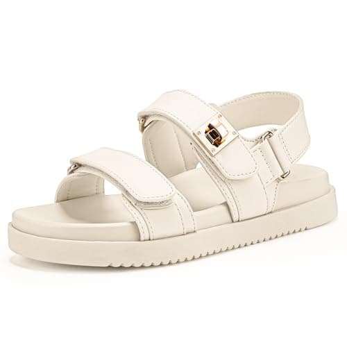 FITORY Women's Flat Sandals Classic Adjustable Double Strap with Cushioned Footbed for Summer Size 6 White - Image 1