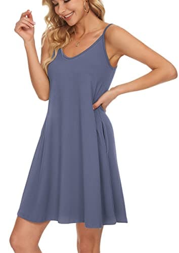MISFAY Women's Summer Spaghetti Strap Casual Swing Tank Beach Cover Up Dress with Pockets(Purple Gray,3XL) - Image 3
