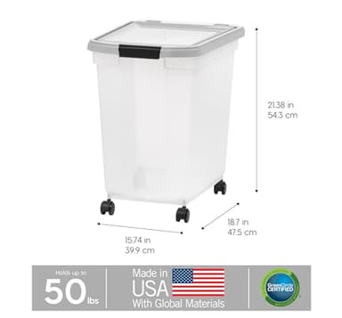 IRIS USA Airtight Dog Food Storage Container, WeatherPro, Up to 50 lbs, Removable Wheels, for Dog Cat Bird and Other Pet Food Storage Bin, Keep Fresh, Translucent Body, Made in USA, Clear/Gray - Image 3