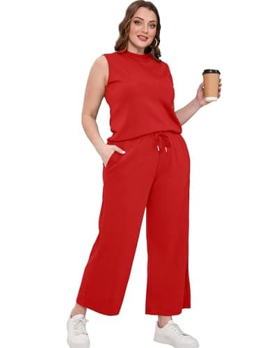 SAMPEEL Two Piece Set for Women Christmas Outfits Holiday Trendy Lounge Sets Mock Neck Matching Sets Women Clothing Wide Leg Crop Pants Set Red S - Image 4