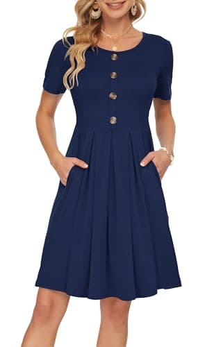 AUSELILY Women's Short Sleeve Summer Dress Pleated Button Down Knee Length Dresses with Pockets 2025 New New Navy Blue M - Image 1