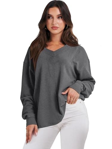 ANRABESS Oversized Long Sleeve Shirts for Women Off the Shoulder Sweatshirt Loose V Neck Tunic Tops High Low Sweater 2025 X-Small Dark Grey - Image 8