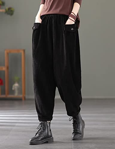 IXIMO Women's Cropped Corduroy Pants Casual Comfy Elastic Waist Cotton Trouser Front Pockets Black S - Image 2