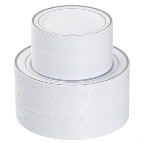 Goodluck 200PCS Silver Plastic Plates, Heavy Duty Disposable Gold Plates with 100 10.25 inch Dinner Plates and 100 7.5 inch Dessert Plates, Disposable Plates for Party, Holiday, Wedding, Christmas - Image 1
