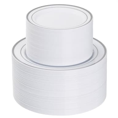 Goodluck 200PCS Silver Plastic Plates, Heavy Duty Disposable Gold Plates with 100 10.25 inch Dinner Plates and 100 7.5 inch Dessert Plates, Disposable Plates for Party, Holiday, Wedding, Christmas - Image 1